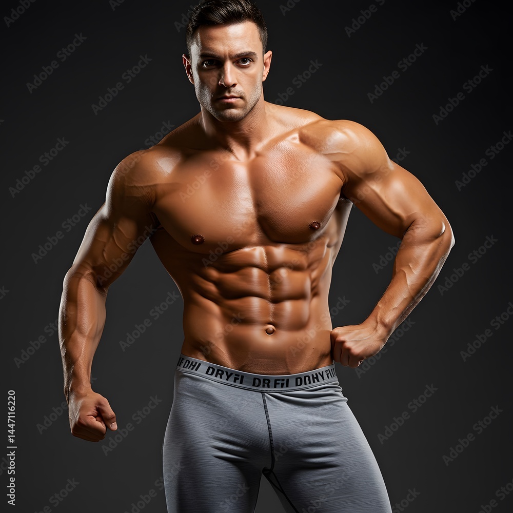 Studio portrait of a bodybuilder in dry-fit workout gear, showing abs Studio portrait of a bodybuilder in dry-fit workout gear, showing abs