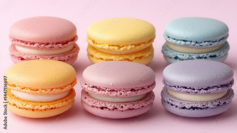Colorful macarons arranged on a pastel pink background showcasing a variety of flavors and textures Colorful macarons arranged on a pastel pink background showcasing a variety of flavors and textures
