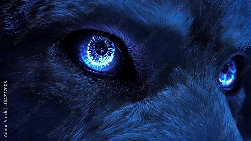 Close-up of a wolf's glowing blue eyes Close-up of a wolf's glowing blue eyes