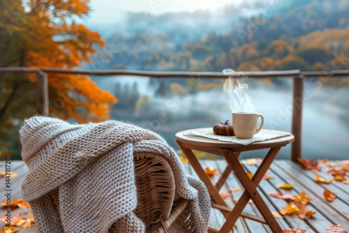 Cozy autumn wooden terrace, knitted blanket draped over chair, steaming cup on table. AI generative