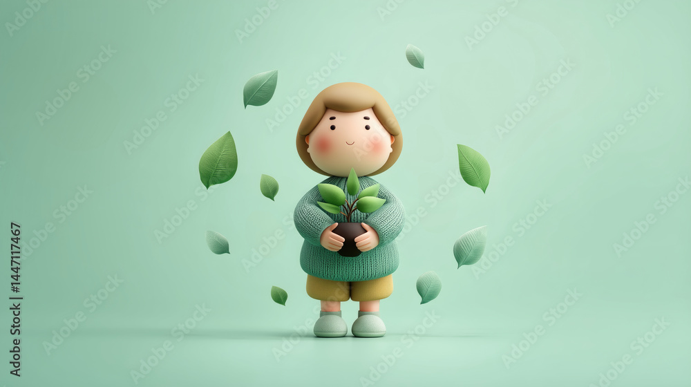 Cute cartoon character holding a small plant, surrounded by falling leaves, on a mint green background. A peaceful scene of nurturing Cute cartoon character holding a small plant, surrounded by falling leaves, on a mint green background. A peaceful scene of nurturing