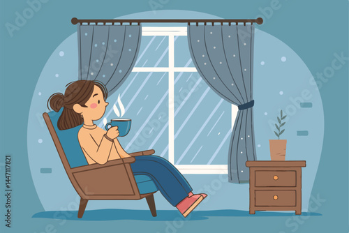 A young woman, pensive expression, sips tea by a window overlooking a scenic autumnal landscape. Sunlight streams in, illuminating dust motes.