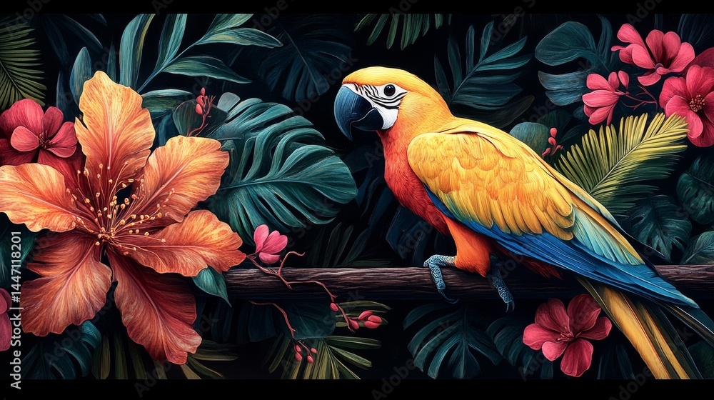 Fototapeta premium Vibrant macaw nestled amid tropical floral tapestry a symphony of wildlife art a detailed depiction of avian beauty and lush garden harmony