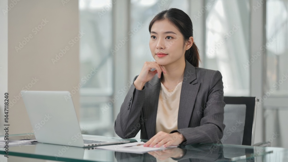 Fototapeta premium A female business professional sitting at her desk, looking contemplative with hand on her chin.