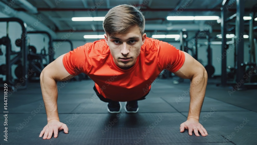 Fototapeta premium A young man in athletic clothing doing push-ups with a focused expression on his face, set against the backdrop of a gym.