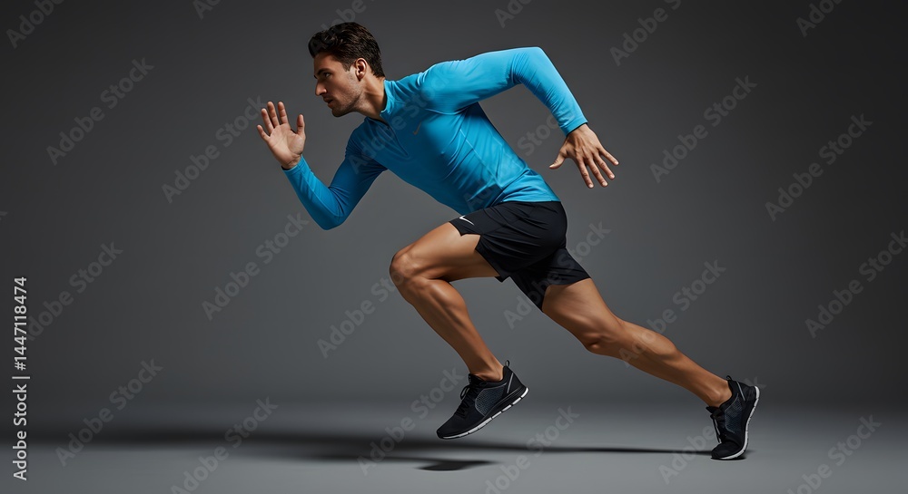 Obraz premium Studio-shot of a lean muscular man in running gear, mid-stride pose