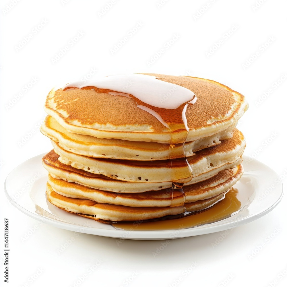 Stack of Fluffy Pancakes with Sweet Syrup Isolated on White Background Stack of Fluffy Pancakes with Sweet Syrup Isolated on White Background