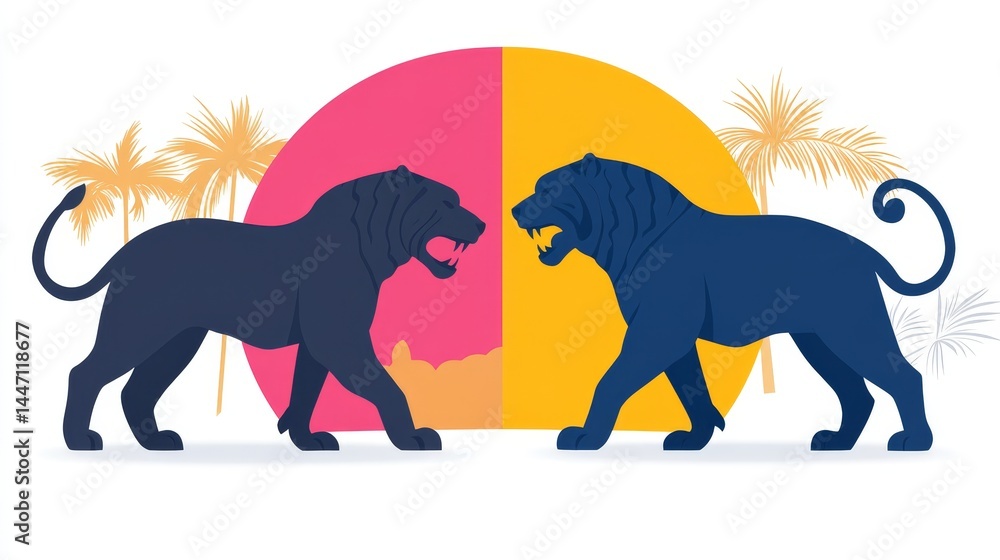 Obraz premium Pixelated duo of majestic lions confronting each other against a backdrop of vibrant, stylized sunset hues evoking primitive power and feline elegance