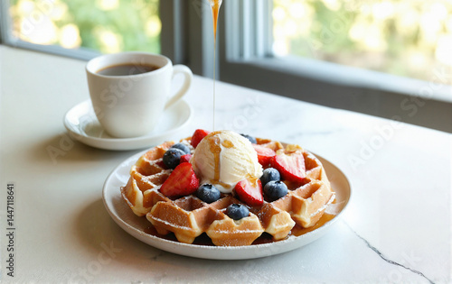Delicious waffle with berries, ice cream, and maple syrup, with hot coffee
