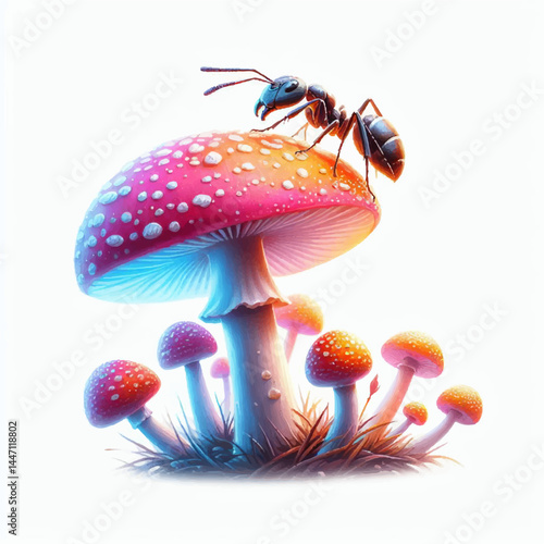 A red poisonous fly agaric mushroom, a nature fungus illustration in autumn forest 
with an ant