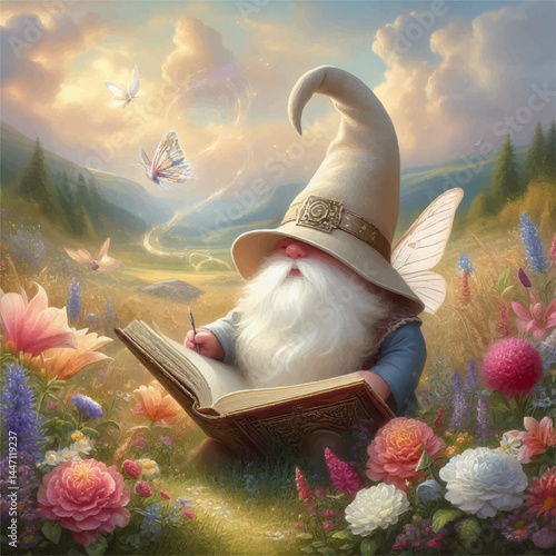 fantasy landscape with a dwarf and an open book, hinting at spring reading
