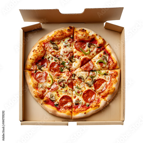 Cardboard box with tasty pizza isolated on white background