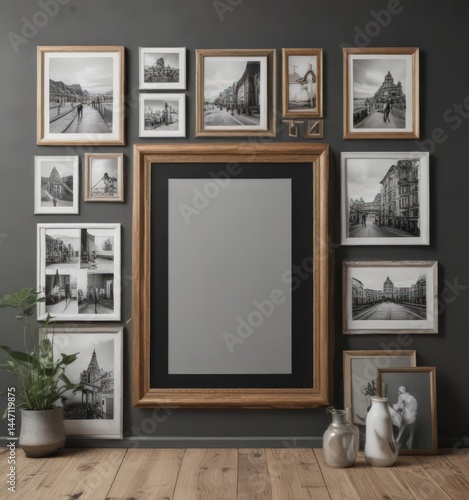 Stylish photo frame collage mockup, various sizes and styles,  white,  display