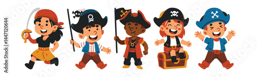 Group of cartoon kids dressed as pirates. Cheerful and colorful pirates for a party, children's event, adventure story, or playful design project.