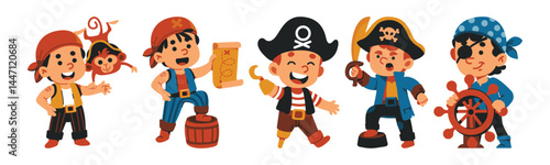 A cheerful cartoon illustration featuring a set of pirate boys in their classic buccaneer costumes, perfect for nautical adventures and playful party themes.