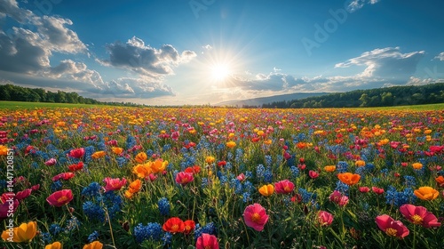 Vibrant Sunset over a Colorful Wildflower Meadow