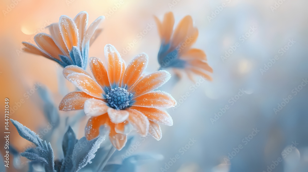 Obraz premium Soft focus reveals orange and blue frosted flower blooms in a vase, flower blooms, flowers. [Frozen Time] | Clock Bloom | frosted flower. Illustration