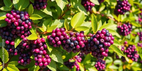 Wallpaper Mural Clusters of vibrant purple berries on lush green leaves, sunlight dappled,  natural, design Torontodigital.ca