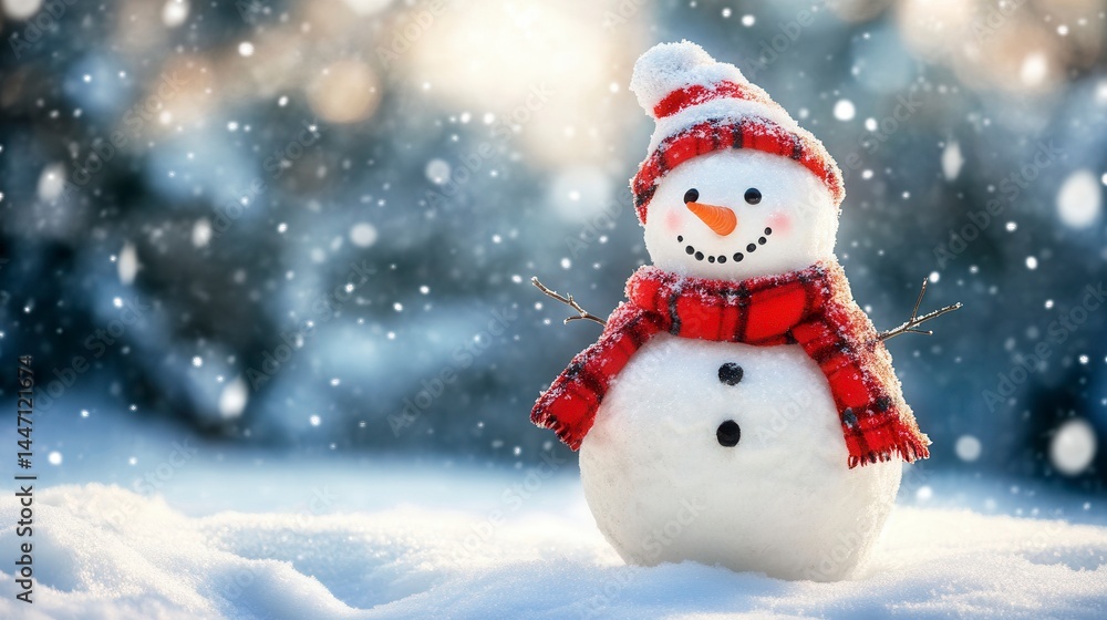 Cheerful snowman in red hat and scarf, snowy winter scene. Cheerful snowman in red hat and scarf, snowy winter scene.