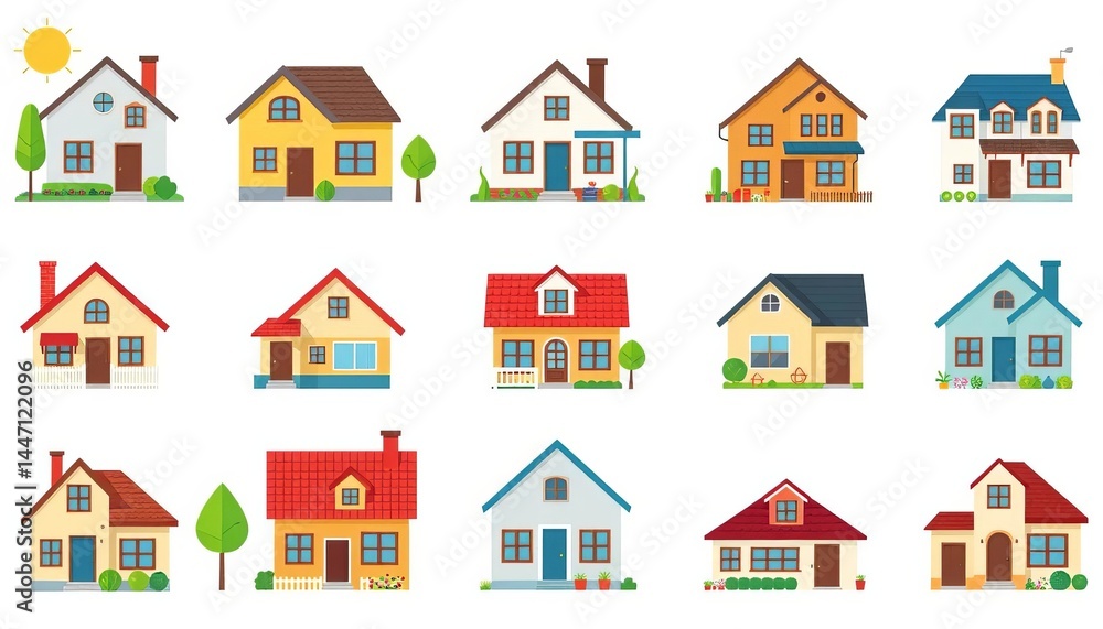 Collection of diverse house icons, various styles, flat design, vector illustration, element, condo Collection of diverse house icons, various styles, flat design, vector illustration, element, condo