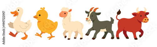 Cartoon illustration featuring a group of cute and cheerful farm animals including a duck, chicken, sheep, goat and bull, all in a playful and lively design.