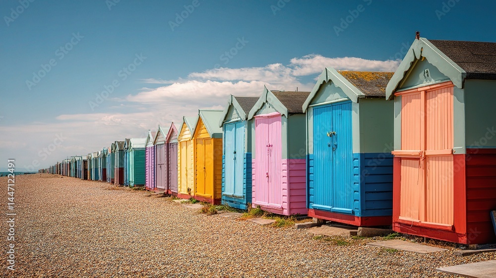 Colorful Beach Huts Lined on Pebble Coast Under Bright Sunshine Colorful Beach Huts Lined on Pebble Coast Under Bright Sunshine