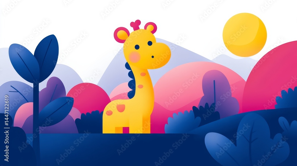Naklejka premium Cute pixelated giraffe illustration in a vibrant landscape with lush foliage and stylized sun perfect for children's designs and playful content