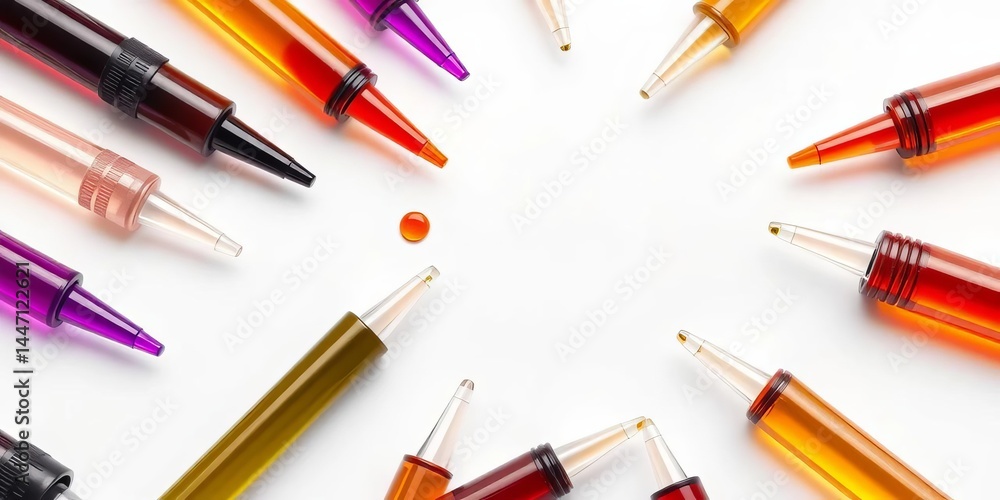 Collection of glass pipettes filled with various essential oils, arranged on a pristine white background, texture, image Collection of glass pipettes filled with various essential oils, arranged on a pristine white background, texture, image