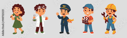 Illustration showcasing children embodying diverse future professions such as singer, scientist, pilot, filmmaker, and builder, representing aspirations and potential.