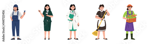 A diverse group of women representing various professions. They include an engineer, a reporter, a doctor, a cleaner, and a farmer, showcasing female empowerment.