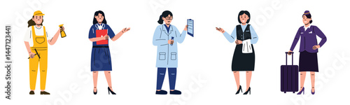 Vector illustration featuring a diverse group of women in various professional occupations. The image symbolizes workforce diversity, career opportunities, and the representation of women in different
