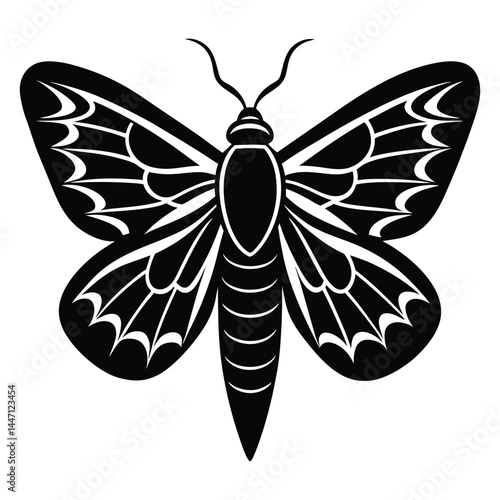Silhouette of a moth with wide-open wings on a white background