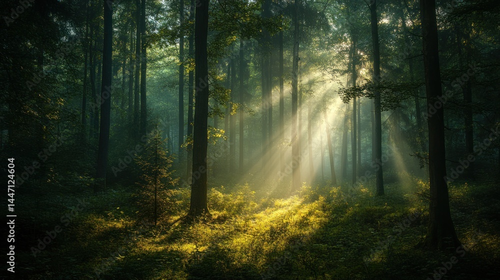 Fototapeta premium Sunbeams Dancing Through Mystical Forest