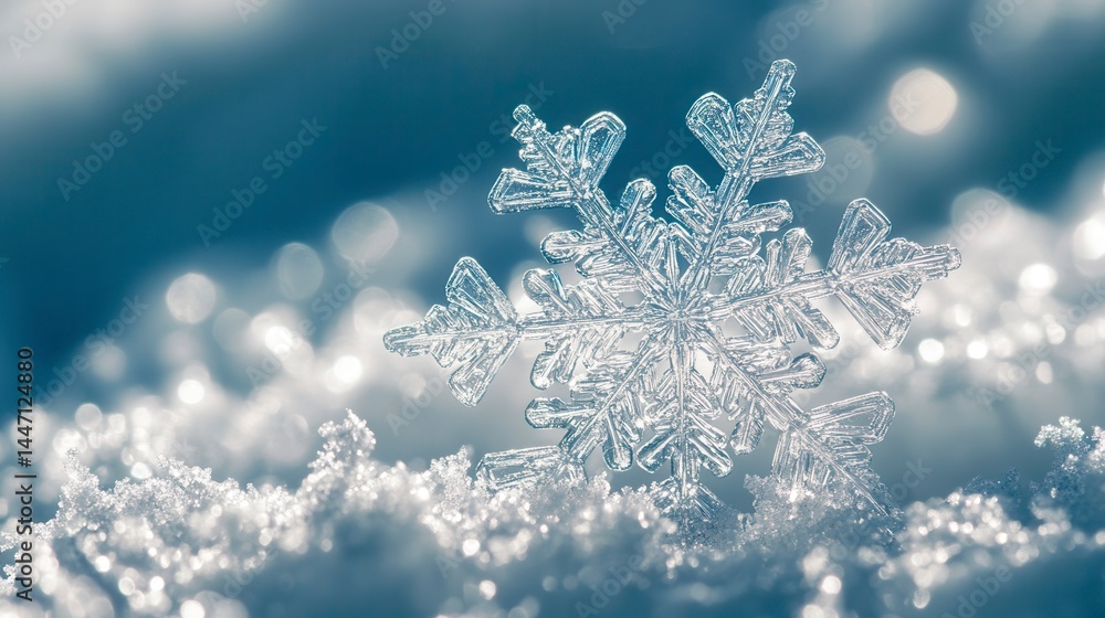 Close-up of a single, intricate snowflake resting on a bed of snow with a blurred bokeh background. Close-up of a single, intricate snowflake resting on a bed of snow with a blurred bokeh background.