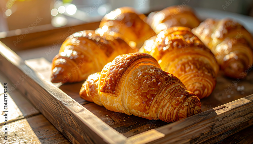 Golden pastries arranged on rustic wooden tray, showcasing their flaky texture and warm, inviting appearance. sunlight enhances their deliciousness, creating cozy atmosphere Golden pastries arranged on rustic wooden tray, showcasing their flaky texture and warm, inviting appearance. sunlight enhances their deliciousness, creating cozy atmosphere