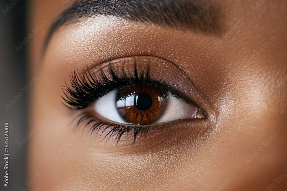Single female eye highlighted by soft, natural makeup, long lashes, and warm light creating a subtle shimmer on the eyelid, with copy space available Single female eye highlighted by soft, natural makeup, long lashes, and warm light creating a subtle shimmer on the eyelid, with copy space available
