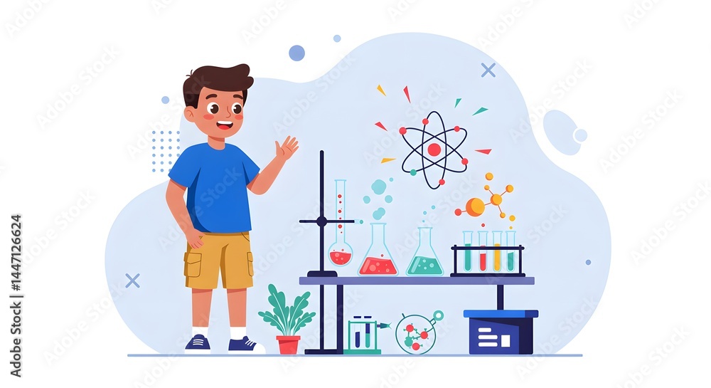 Young Boy Scientist in a Lab with Atom and Molecules Illustration