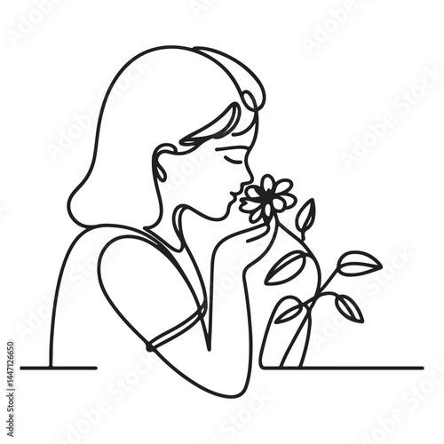 Woman Smelling Flower Vector Artwork Appreciation of Nature