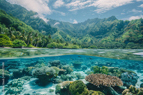 Fototapeta Naklejka Na Ścianę i Meble -  The lush tropical islands showcase a stunning tapestry of vibrant ecosystems, abundant coral reefs, and diverse marine life, radiating a captivating blend of cultural richness and a harmonious coexist