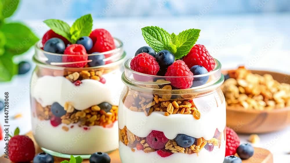 Delicious layered yogurt parfait with granola, raspberries, and blueberries in a glass jar. Healthy breakfast or snack concept. Delicious layered yogurt parfait with granola, raspberries, and blueberries in a glass jar. Healthy breakfast or snack concept.