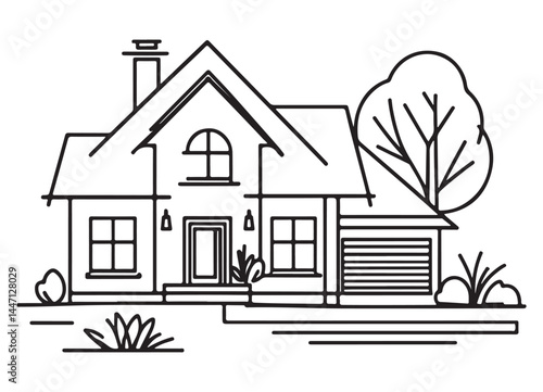 Simple Modern House Line Art Illustration Residential Design