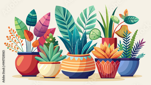 An elegant display of vibrant plants in handcrafted ceramic pots.
Each pot brings charm with soft curves and earthy tones.
Lush foliage adds a natural balance to the composition.
Isolated on white for