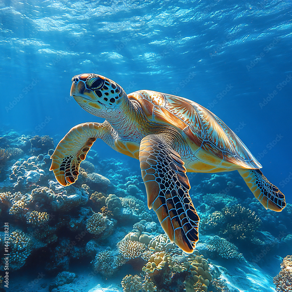 Fototapeta premium A large sea turtle swimming gracefully in the clear blue waters of a coral reef