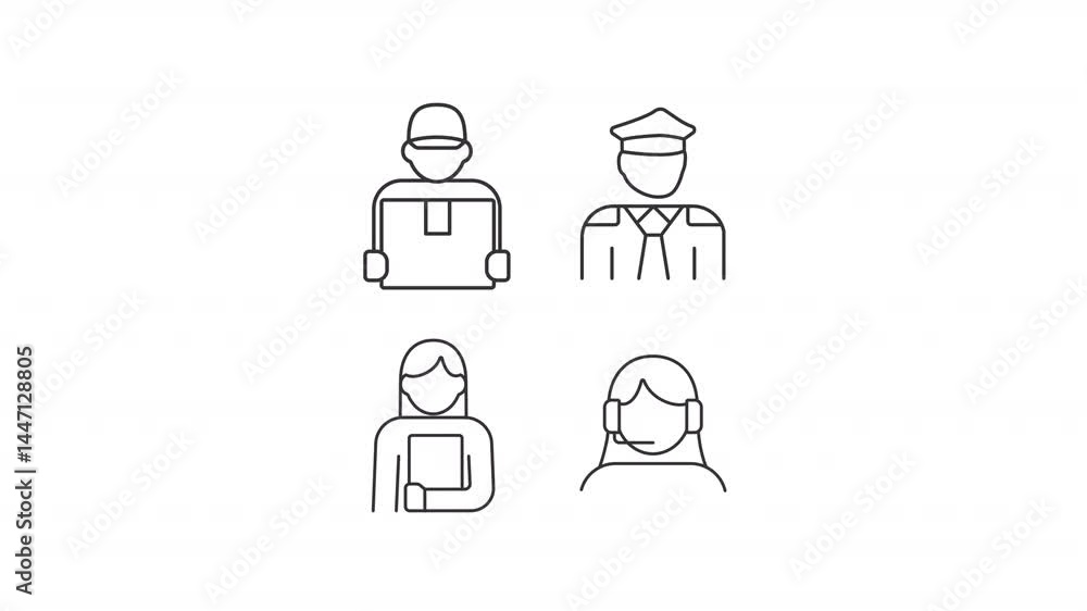 Company employees line animation set. Workers animated icons. Security ...