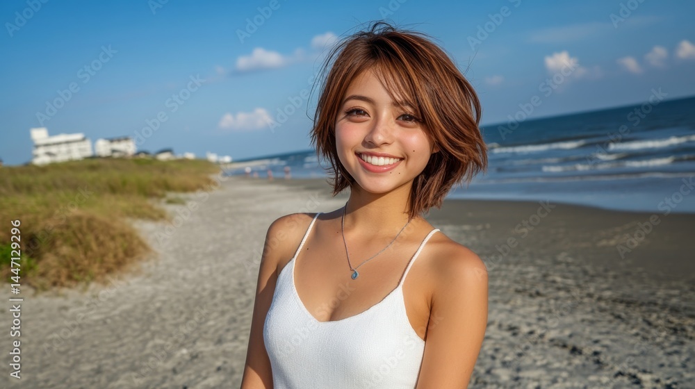 A young Japanese woman smiles radiantly while standing barefoot on the sand, gazing at the camera with gentle waves in the background under a blue sky A young Japanese woman smiles radiantly while standing barefoot on the sand, gazing at the camera with gentle waves in the background under a blue sky