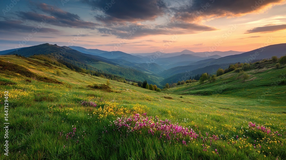 Fototapeta premium Rolling Hills Covered With Fresh Grass and Colorful Flowers at Sunset