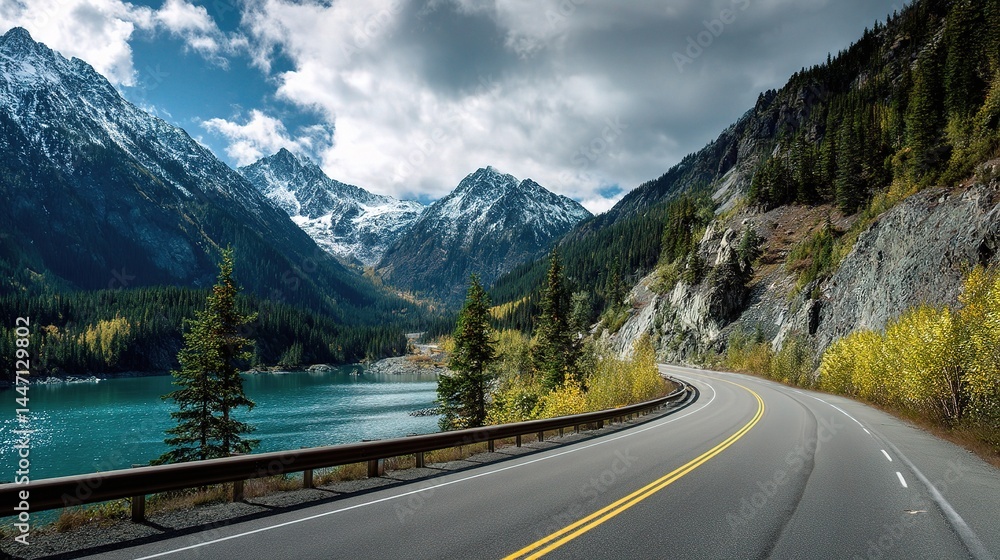 Fototapeta premium Winding Highway Surrounded by Towering Mountain Peaks and Lake