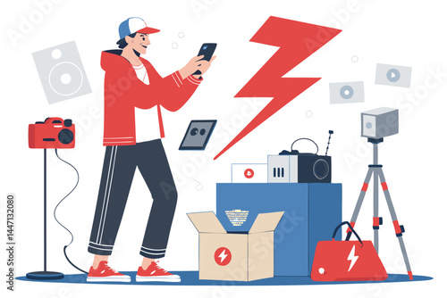 A popular influencer excitedly unboxes and reviews new tech gadgets during a live stream, showcasing features and engaging with chat comments.