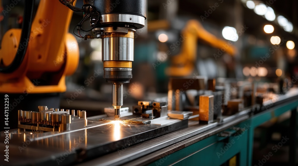 Precise Industrial Robotic Arm Drilling Metal in Factory Precise Industrial Robotic Arm Drilling Metal in Factory