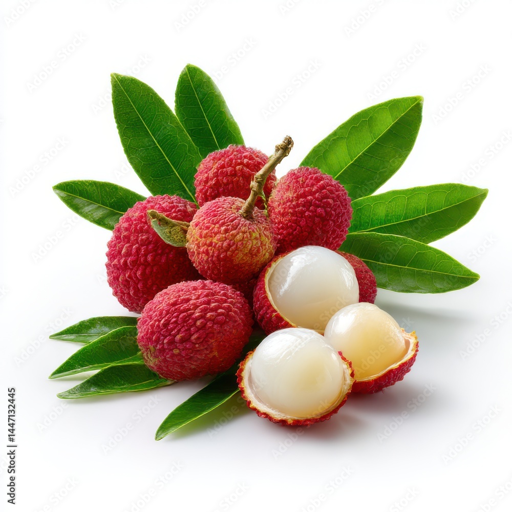 Pile of lychees with leaves on white background Pile of lychees with leaves on white background